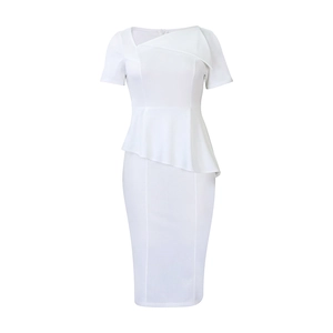 White asymmetric neck dress with peplum waist detail and pencil skirt silhouette