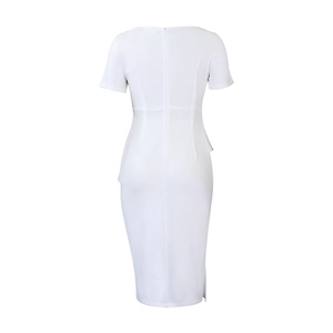 Detail of white midi dress showing hidden back zipper and elegant peplum waist detail