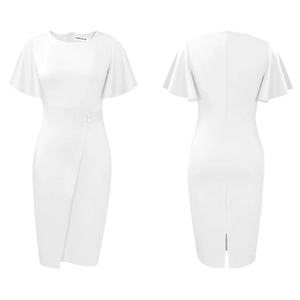 Detail of elegant white midi dress with flutter sleeves and decorative buttons on the waist