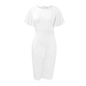 Close-up of elegant flutter sleeves and waist buttons on a white sheath dress