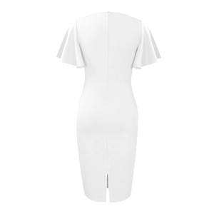 Back view of white fitted midi dress featuring ruffle sleeves and a centered rear zipper