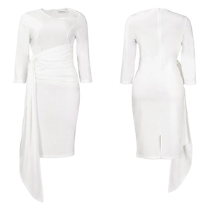 Detail of white midi dress featuring asymmetrical cut-out neckline and waist knot detail