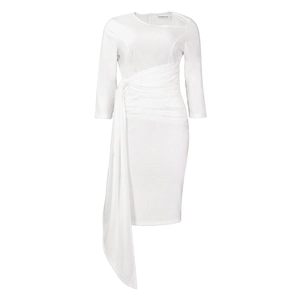 Detail of white slim-fit midi dress with asymmetrical neckline and waist pleat tie