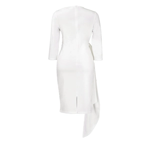 Back view of elegant white midi dress showing invisible zipper and side drape detail