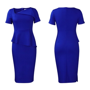 Front and back view of a royal blue peplum pencil dress with asymmetric neckline