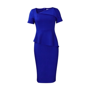 Close-up of asymmetrical neckline and peplum detail on royal blue midi dress
