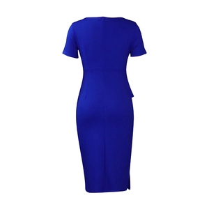 Detail of dark blue bodycon dress featuring back invisible zipper and slit hem design