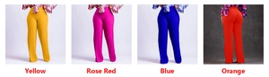 Collage aus weit geschnittenen Hosen mit hoher Taille in Gelb, Rosa, Blau und Orange