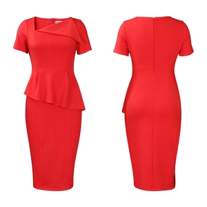 Detailed front and back view of red peplum dress with asymmetric neck and pencil skirt