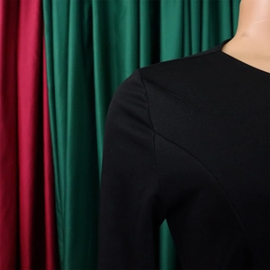 Detail view of smooth neckline and stitching on a professional black office dress