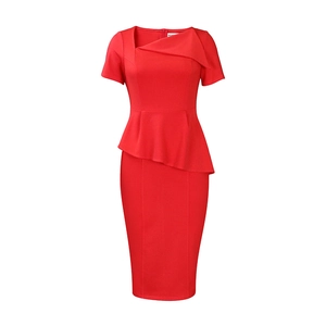 Detail of red asymmetrical neckline and peplum waist on this fitted short sleeve dress