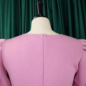 Dettaglio della cerniera posteriore invisibile e delle maniche a sbuffo dell'abito rosa