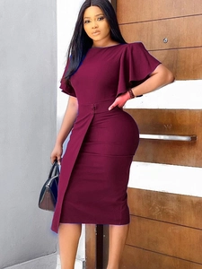 Women Slim Fit Lotus Flutter Sleeve Midi Dress Elegant Round Neck Solid Color High Waist Bodycon Work Party Pencil Dress
