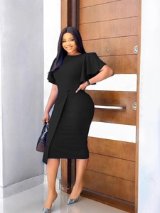 Elegant black high-waisted midi dress with ruffle butterfly sleeves and slim fit style