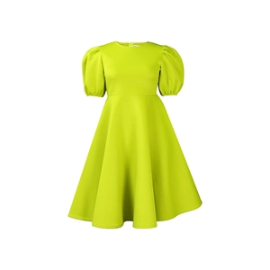 Detail of neon green A-line dress with puff sleeves and premium structured fabric