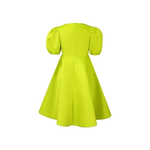Rear view of lime green bubble sleeve dress featuring a concealed zipper and A-line cut