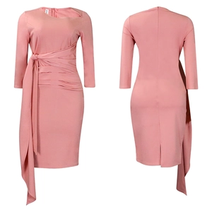 Detail of pink slim dress with asymmetrical neckline, waist pleats and side tie design