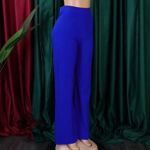 Side view of royal blue high-waisted wide-leg trousers with elegant drape effect