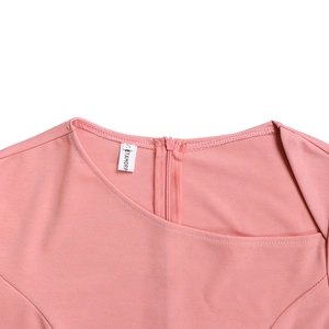 Detail shot of asymmetrical neckline and hidden zipper on pink office dress fabric