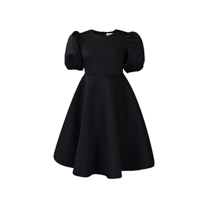 Elegant black puff sleeve A-line dress with high waist design and round neckline