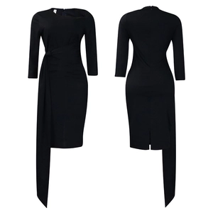 Front and back view of black slim-fit midi dress with waist knot and asymmetric hemline