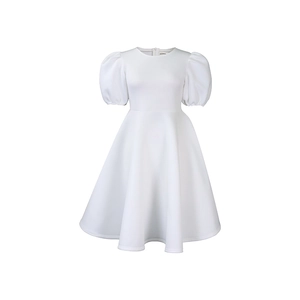 Close-up of elegant white A-line dress with retro puff sleeves and round neckline