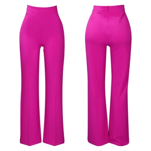 Front and back view of rose pink high waisted wide leg trousers with seamless silhouette