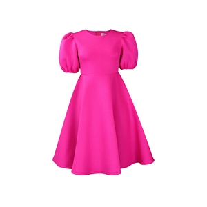 Detail of rose red puff sleeve dress with a fit and flare A-line silhouette
