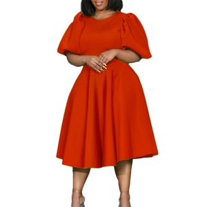 Elegant bright orange A-line midi dress with puff sleeves and cinched waist design