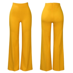 Front and back detail of high-waisted wide-leg yellow trousers with invisible rear zipper