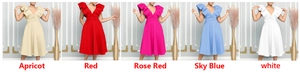 Collage de vestidos con escote en V profundo en colores albaricoque, rojo y rosa