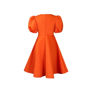 Back view of elegant orange puff sleeve dress with a hidden zipper and A-line silhouette