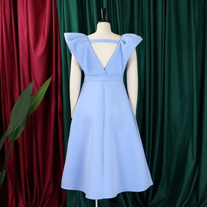 Detalle de vestido de fiesta azul claro sin mangas con espalda abierta en pico