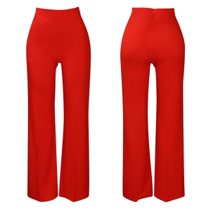 Front and back view of high-waisted wide-leg trousers in vibrant red with center crease line