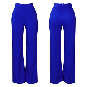 Detailed front and back views of high-waisted royal blue wide-leg trousers for women