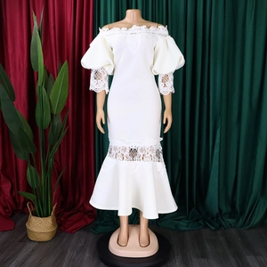 Exquisite white off-shoulder lace mermaid dress with puff sleeves and elegant floral details