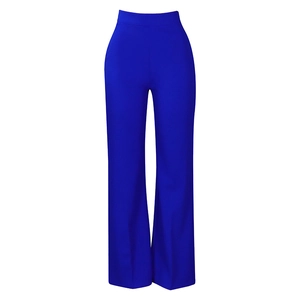Detailed view of high-waisted royal blue wide-leg trousers featuring a sharp front seam design