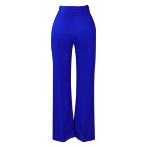 Close-up of high-waisted wide-leg trousers in royal blue with invisible back zipper