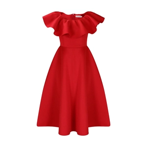 Vue détaillée de la robe rouge élégante avec encolure à volants et taille ajustée