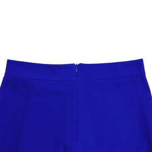 Detail shot of royal blue high waist pants featuring a seamless invisible zipper closure