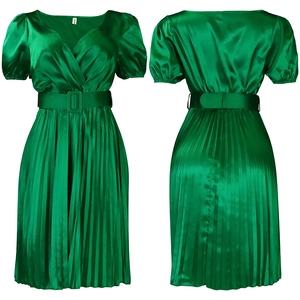 Front and back view of emerald satin V-neck dress with puff sleeves and pleated skirt