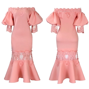 Detailed front and back view of pink off-shoulder mermaid dress with lace bubble sleeves