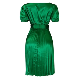 Detail of green satin dress back view with puff sleeves and fine pleated skirt design