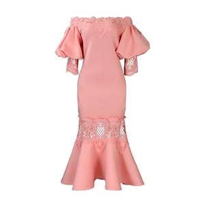 Pink off-shoulder fishtail dress featuring elegant lace patchwork and ruffle trim details