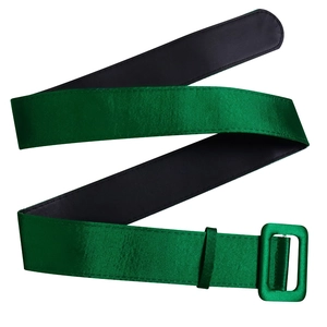 Detail of green satin waist belt with square buckle and smooth black lining