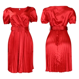 Detail of red satin V-neck dress featuring pleated skirt and matching square buckle belt