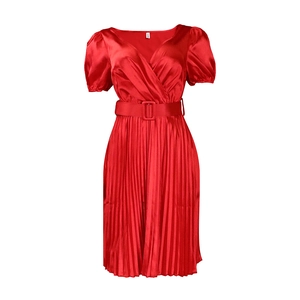 Detail of red satin V-neck dress with puff sleeves and pleated skirt including a belt
