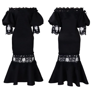 Front and back view of elegant black off-shoulder mermaid dress with floral lace detailing