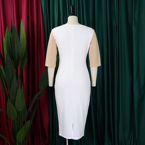 Back view of bodycon midi dress with split hem and invisible zipper detail