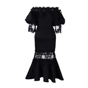 Detail of off-shoulder lace splicing and mermaid hemline on black formal evening dress